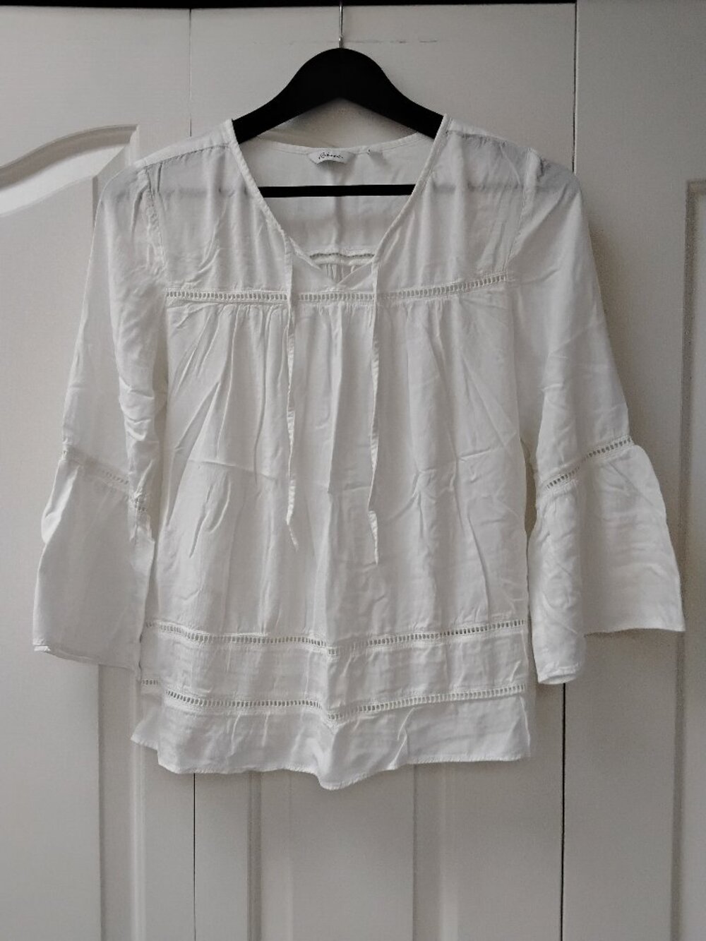 White Women's Boho Style Blouse with lace trim detailing 3/4 sleeves